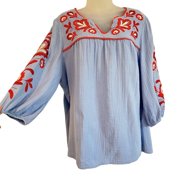 Boden Tops - Boden Boho Embroidered Blouse Sz 12 Blue Red 3/4 Balloon Sleeve Cotton Peasant